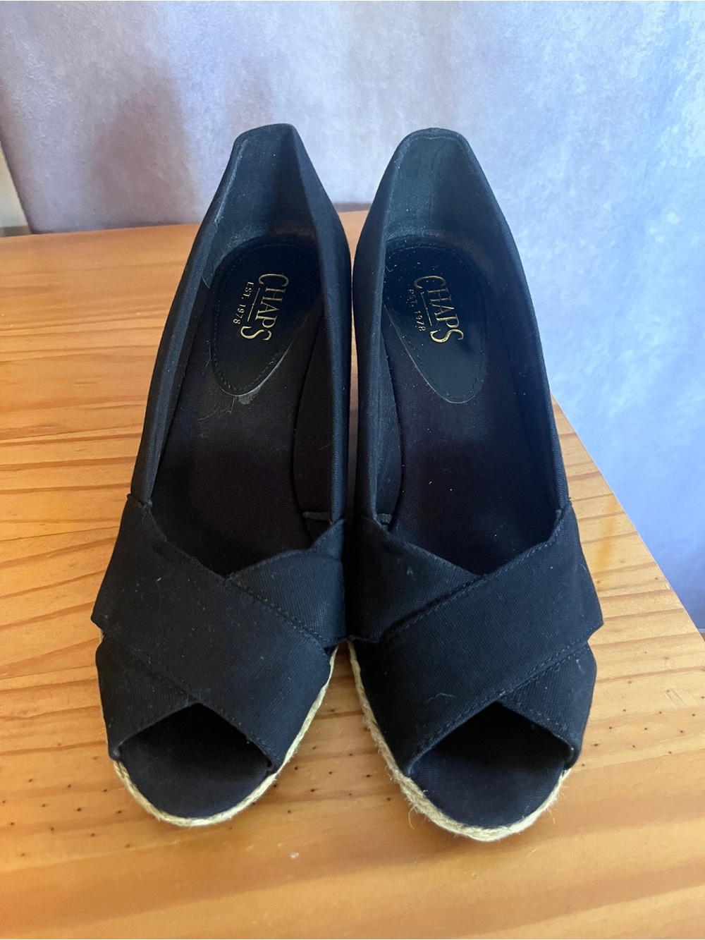 Chaps Black Cross-Front Peep Toe Espadrille Wedges